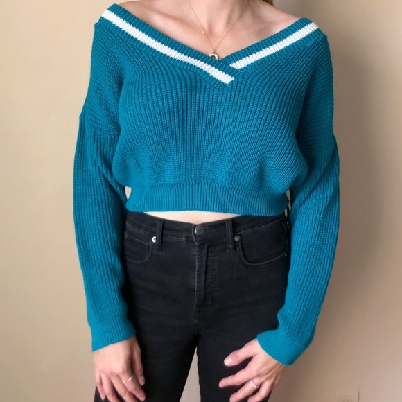 TEAL CROPPED KNITTED SWEATER - Picture 2 of 4